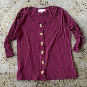 French Laundry Burgundy Ribbed Quarter Length Sleeve Button-Front Design Size L